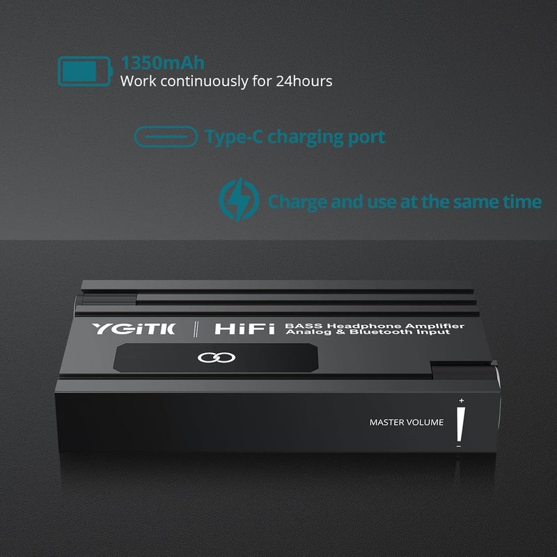 YGiTK Professional 16-600Ω Bluetooth Headphone Amplifier with Bass Boost,3.5mm Portable HiFi Earphone Amplifiers,Gain Switch Bass Volume Adjust & Aluminum Case,Rechargeble Headphone Amp for Laptop - Image 5